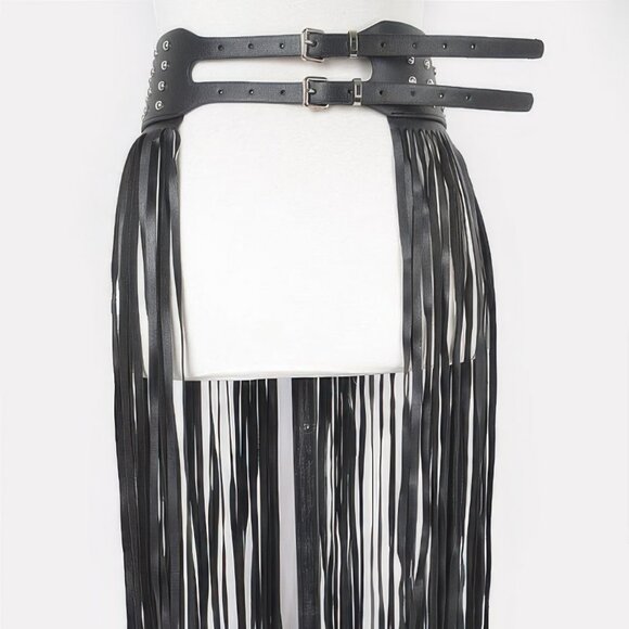 Faux Leather Metal Studded Fringe Belt main image 5